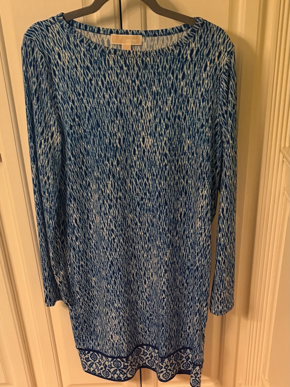 Michael Kors Size L dress blue abstract print contrast hem stretch long sleeve - Picture 2 of 5